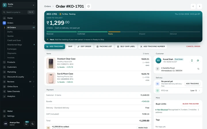 An order ready to ship with PACKING LIST, SELF-SHIP LABEL and ADD TRACKING NUMBER, on Kosha, a demo store on Mercayo.