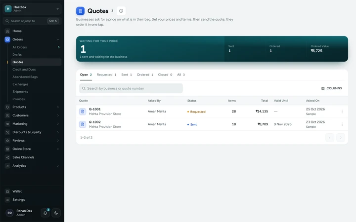 Orders → Quotes with one quote waiting for prices and one sent, on Haatbox, a demo store on Mercayo.
