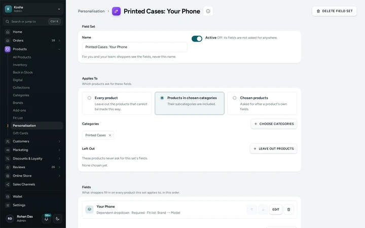 A field set for printed cases with its Your Phone dropdown, from the Fit list, on Kosha, a demo store on Mercayo.