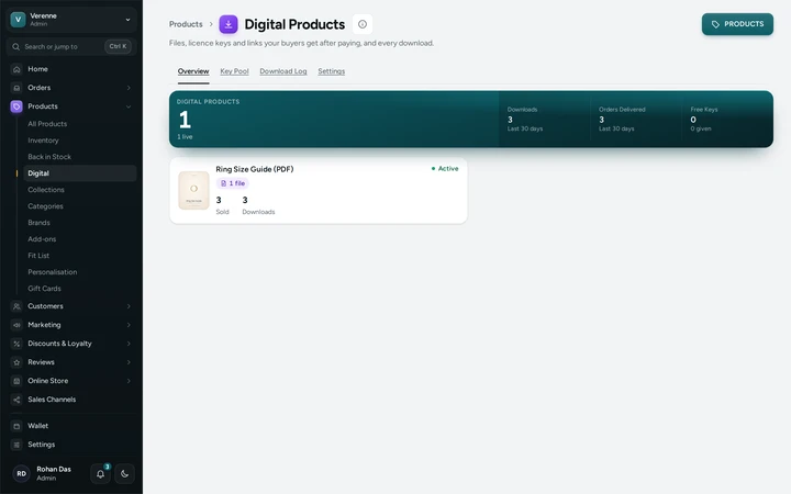 Products → Digital with the Ring Size Guide, its sales and downloads, on Verenne, a demo store on Mercayo.