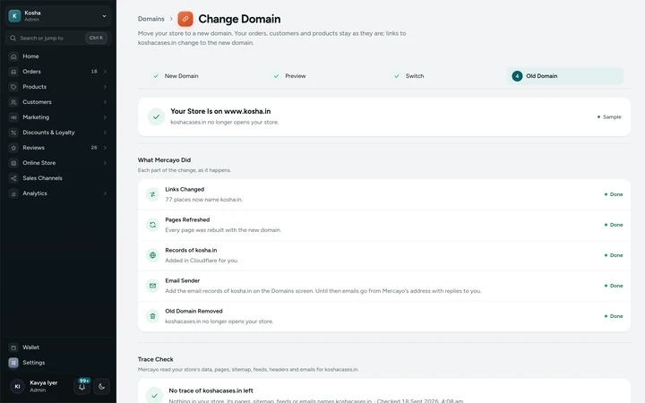 A finished change of domain: the steps, what Mercayo did and the trace check, on Kosha's sample move, a demo store on Mercayo.
