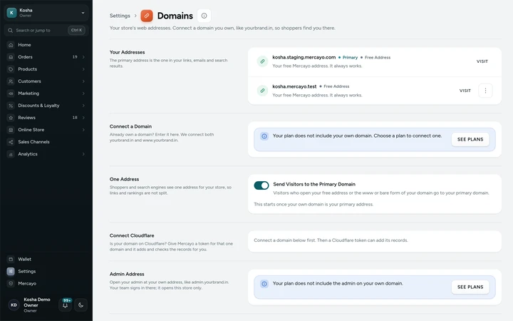 Settings → Domains, with the store's free address and the Connect a Domain card, on Kosha, a demo store on Mercayo.