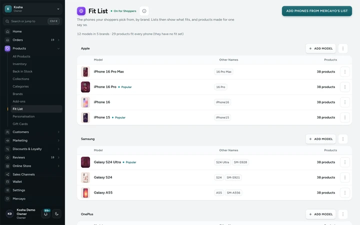 The Fit List with brands, models and their product counts, on Kosha, a demo store on Mercayo.