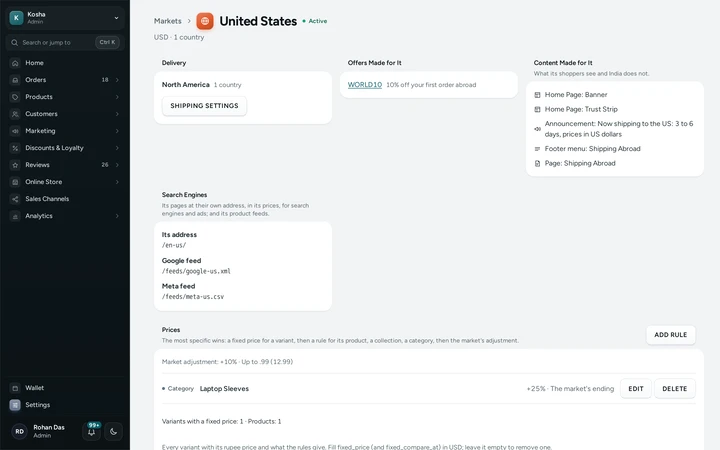 The United States market: its delivery, offer, content made for it, its address and feeds, and its price rules, on Kosha, a demo store on Mercayo.