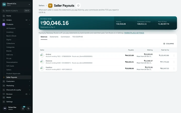 Products → Seller Payouts with each seller's payable and waiting amounts, on Chowk & Co., a demo store on Mercayo.