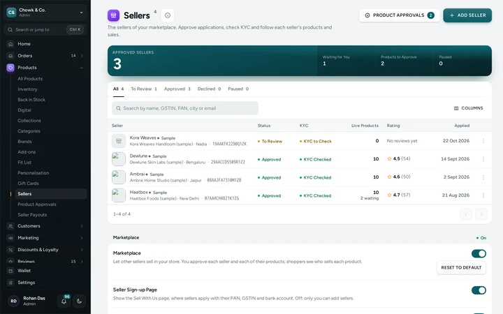 Products → Sellers with approved sellers, their KYC, live products and ratings, and one application to review, on Chowk & Co., a demo store on Mercayo.
