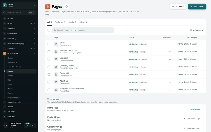 Online Store → Pages, with the store's content pages and their status, on Kosha, a demo store on Mercayo.