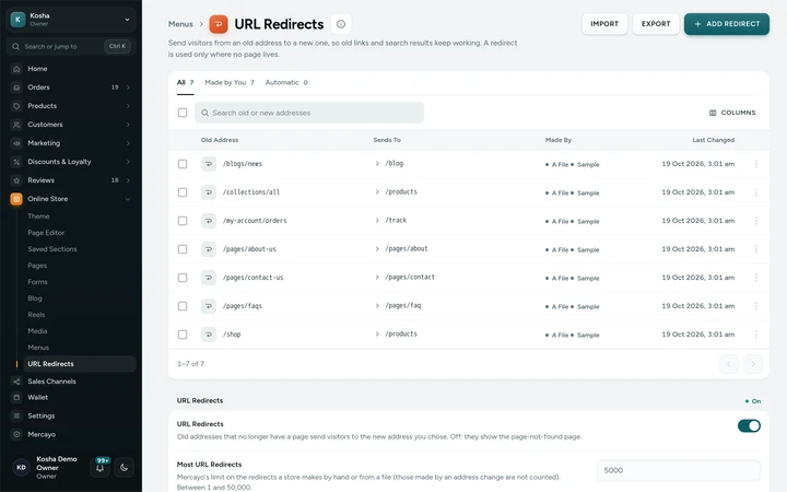 Online Store → Menus → URL Redirects, with sample redirects from old shop addresses, on Kosha, a demo store on Mercayo.