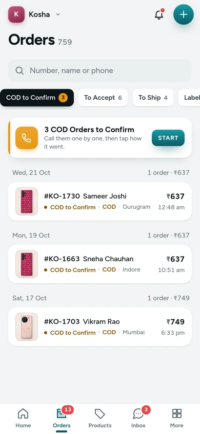 Orders by stage in the app, on Kosha, a demo store on Mercayo.