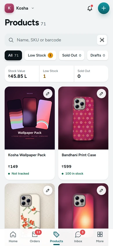 Products in the app with stock in words and the stock's value, on Kosha, a demo store on Mercayo.