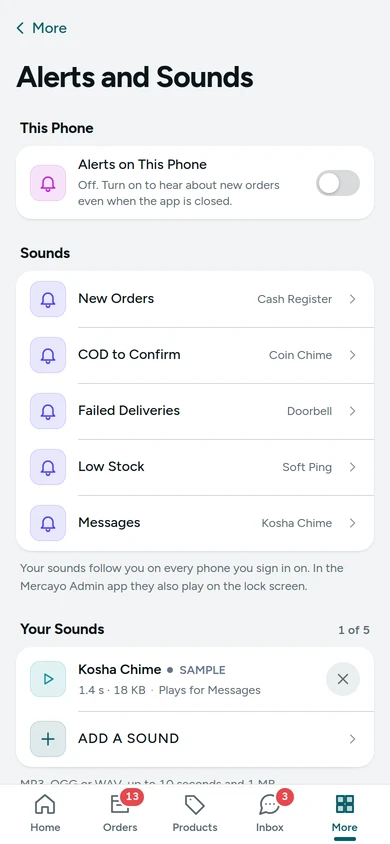 Alerts and Sounds in the phone app: a sound per alert and the store's own sound, on Kosha, a demo store on Mercayo.