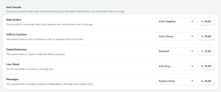 Alert Sounds in Settings → Admin App and Alerts, on Kosha, a demo store on Mercayo.