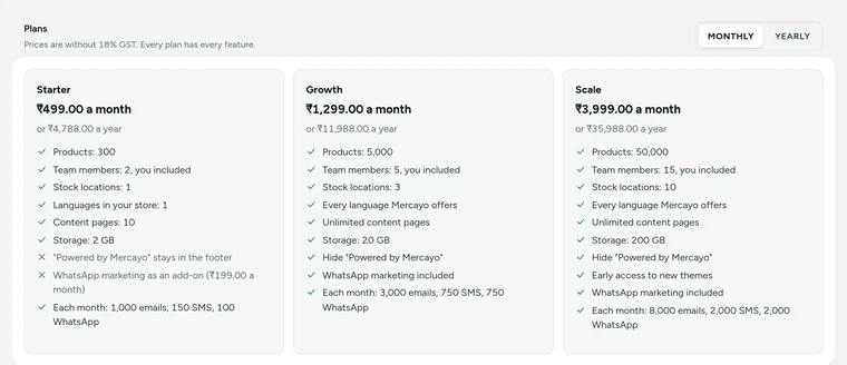 The Plans card in Settings → Billing, with its MONTHLY and YEARLY choice, on Kosha, a demo store on Mercayo.