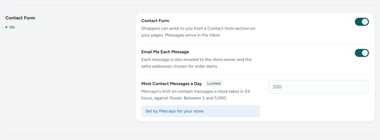 The Contact Form card in Settings → More Settings, on Kosha, a demo store on Mercayo.