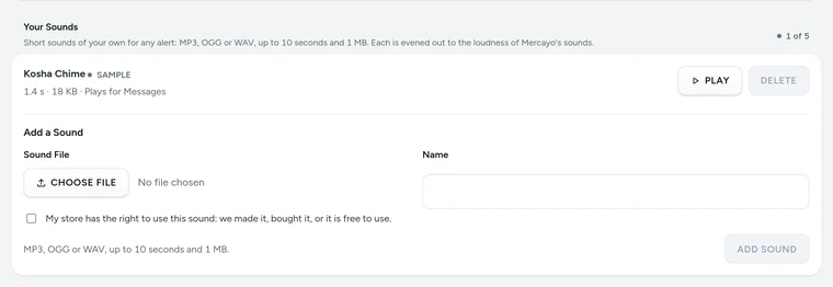 Your Sounds with a store's own sound and the form to add one, on Kosha, a demo store on Mercayo.