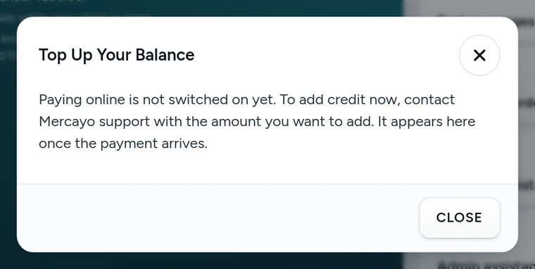 The Top Up Your Balance dialog, on Kosha, a demo store on Mercayo.