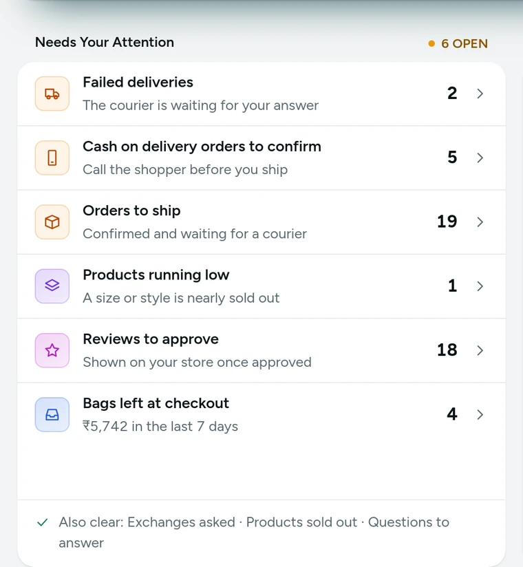 Needs Your Attention on Home, with counts and links to each queue, on Kosha, a demo store on Mercayo with sample orders.
