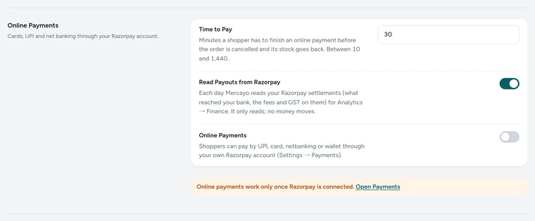 The Online Payments card in Settings → Checkout and COD, on Kosha, a demo store on Mercayo.