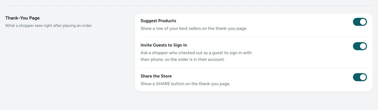 The Thank-You Page card in Settings → Checkout and COD, on Kosha, a demo store on Mercayo.