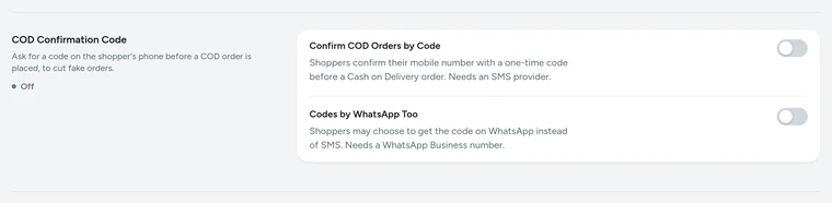 The COD Confirmation Code card in Settings → Checkout and COD, on Kosha, a demo store on Mercayo.