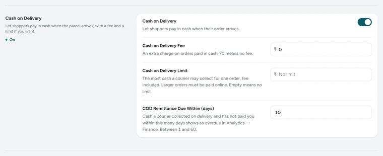 The Cash on Delivery card in Settings → Checkout and COD, on Kosha, a demo store on Mercayo.