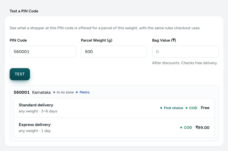 Test a PIN Code in Settings → Shipping and Delivery, on Kosha, a demo store on Mercayo.