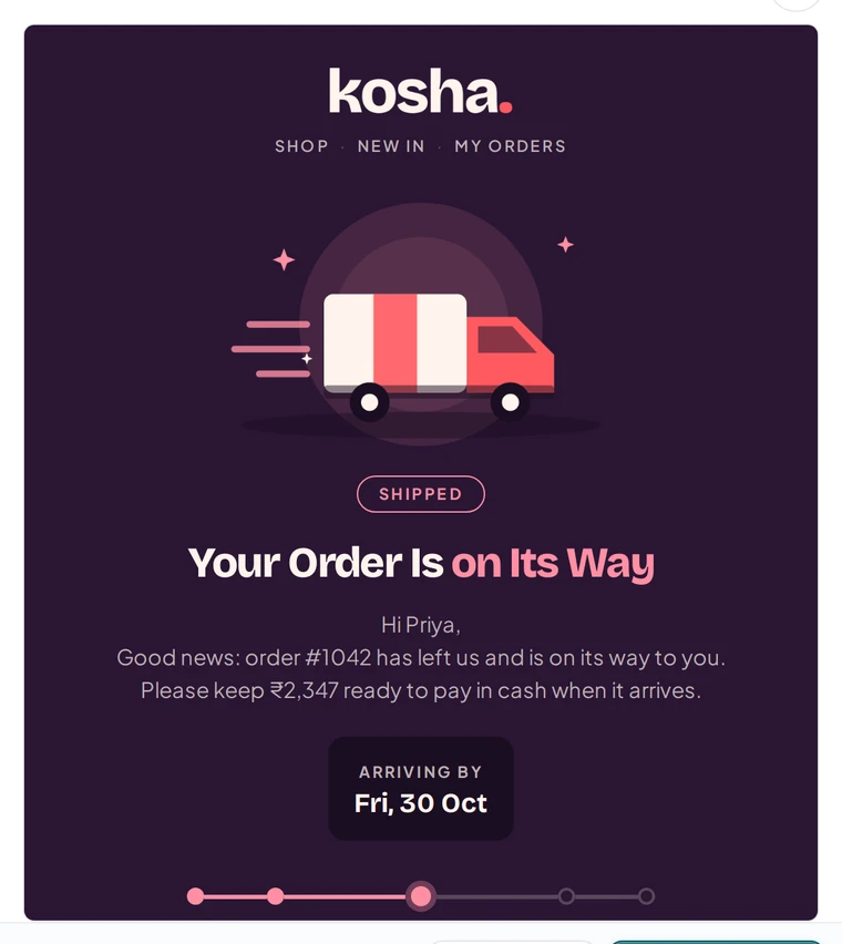 An Order Shipped email in the Colour Band look, in the admin's preview, on Kosha, a demo store on Mercayo.