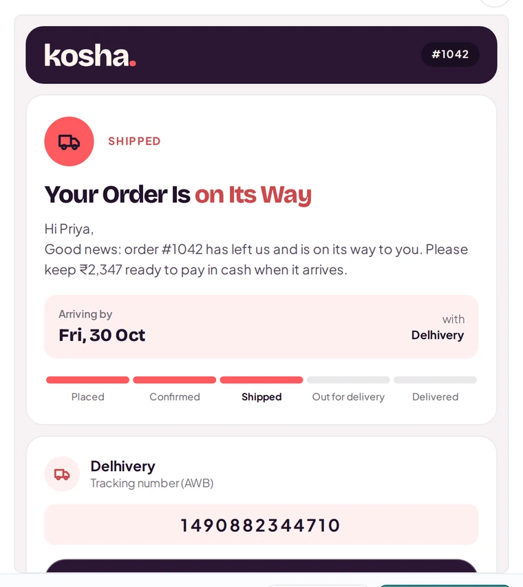 The same email in the Card Stack look, on Kosha, a demo store on Mercayo.