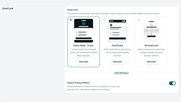 The Email Look card in Settings → Notifications, on Kosha, a demo store on Mercayo.