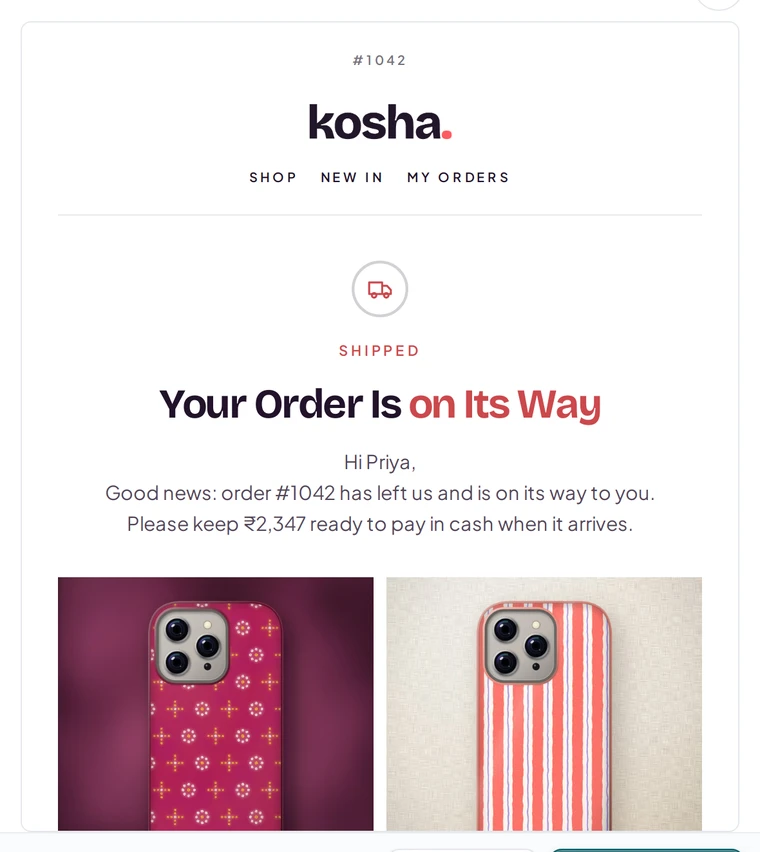 The same email in the Minimal Luxe look, with the order's photos, on Kosha, a demo store on Mercayo.