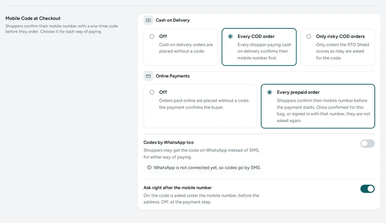 The Mobile Code at Checkout card with every COD order and every prepaid order picked, on Kosha, a demo store on Mercayo.