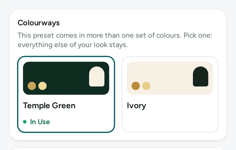 The Colourways card in the Theme editor: Temple Green in use, Ivory beside it.