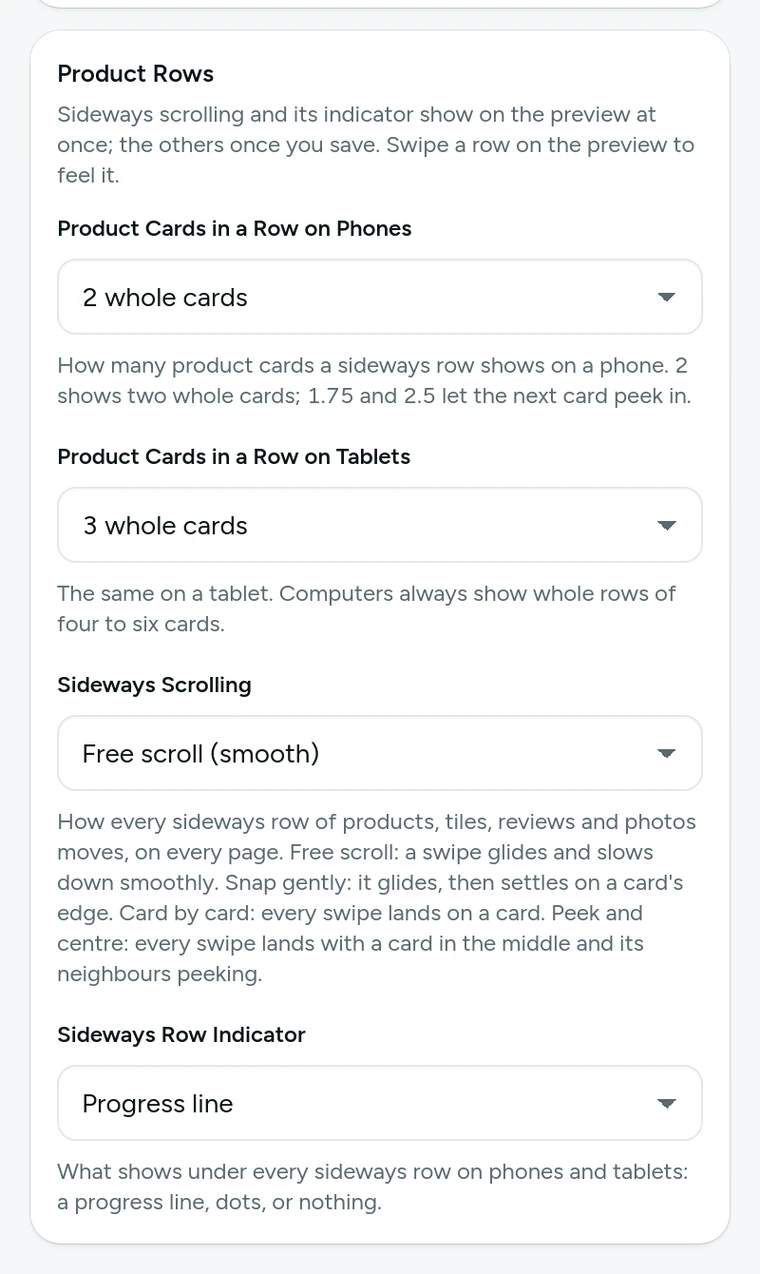 Product Rows in the Theme editor, with Sideways Scrolling and Sideways Row Indicator, on Kosha, a demo store on Mercayo.