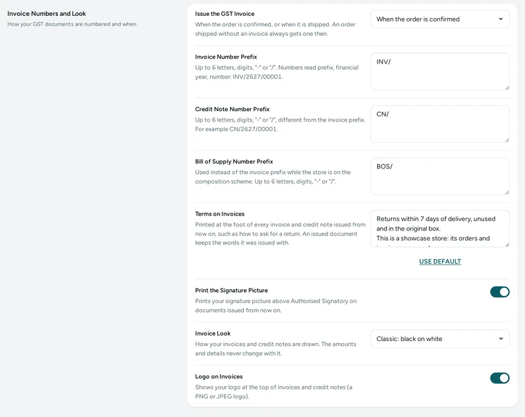 The Invoice Numbers card in Settings → Invoices, on Kosha, a demo store on Mercayo.