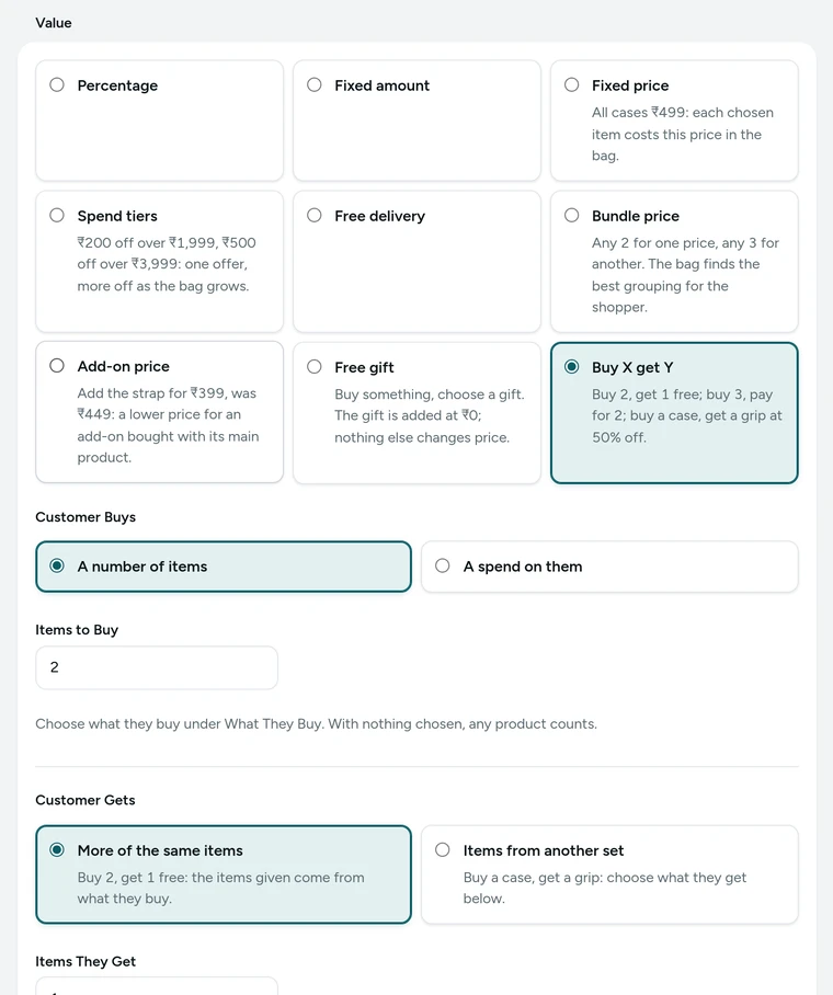 The Value card of the discount editor, with what the customer buys and gets, for Buy 2 cases, get the 3rd free on Kosha, a demo store on Mercayo.