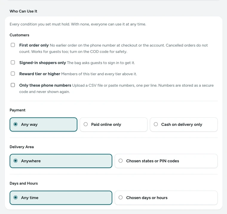 Who Can Use It in the discount editor, for the WELCOME10 code on Kosha, a demo store on Mercayo.