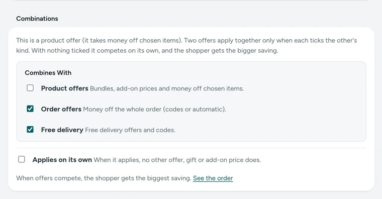 The Combinations card of Case bundle in the discount editor, on Kosha, a demo store on Mercayo.