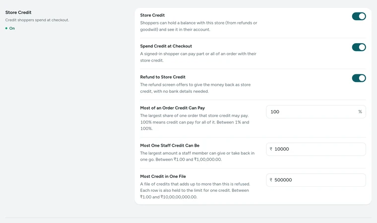 The Store Credit card in Settings → Rewards and Credit, on Kosha, a demo store on Mercayo.