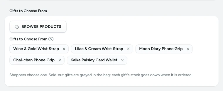 Gifts to Choose From in the discount editor, for a free strap, grip or card wallet on Kosha, a demo store on Mercayo.