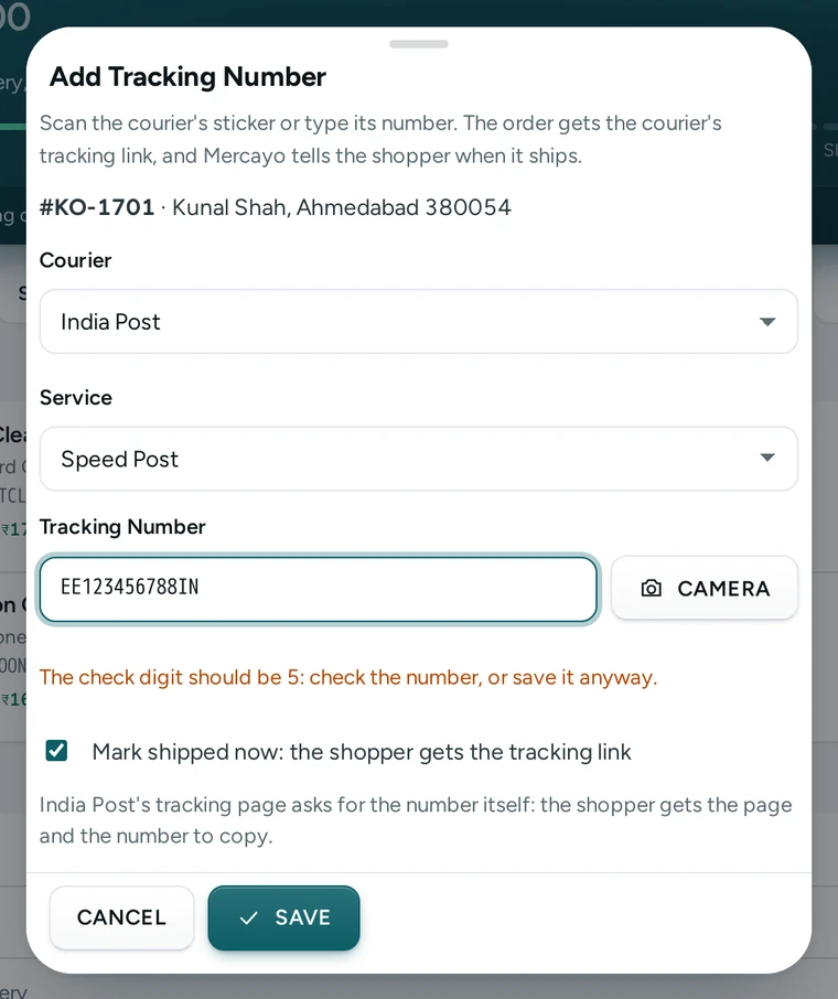 Add Tracking Number catching an India Post number whose check digit is wrong, on Kosha, a demo store on Mercayo.