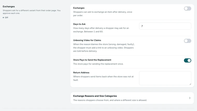 The Exchanges card in Settings → Returns and Exchanges, on Kosha, a demo store on Mercayo.