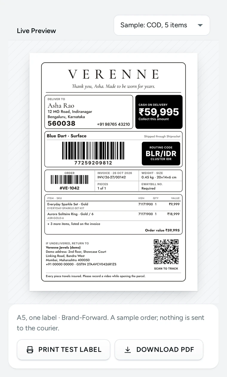 A Brand-Forward label on A5 in colour, with a thank-you line and a tracking QR code, on Verenne, a demo store on Mercayo.