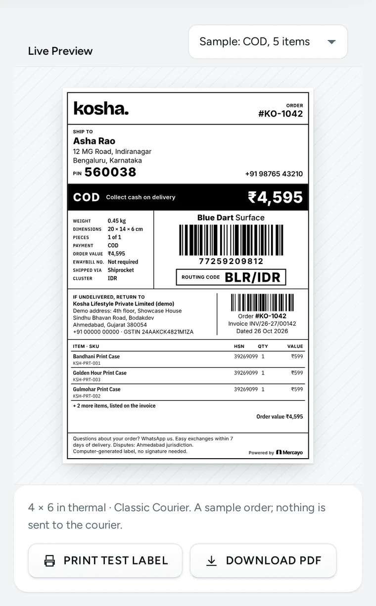 A Classic Courier label at 4 × 6 in, on Kosha, a demo store on Mercayo.