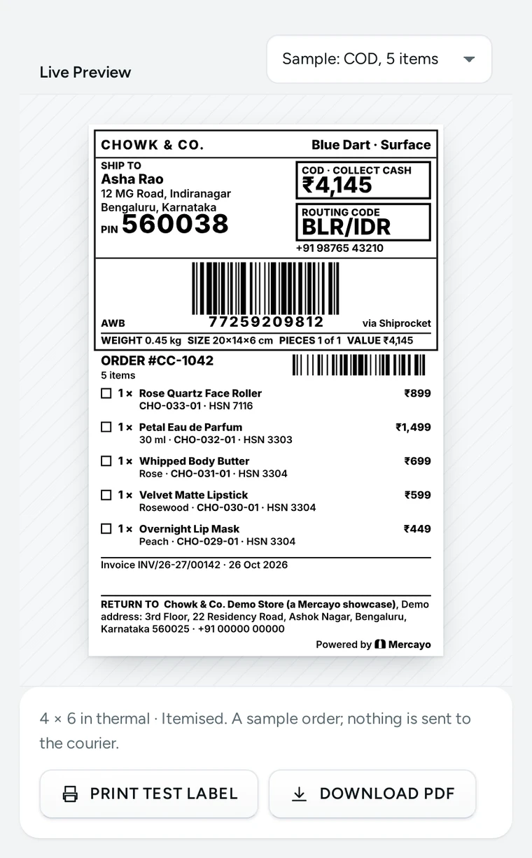 An Itemised label at 4 × 6 in with every item in full and a tick box for the packer, on Chowk & Co., a demo store on Mercayo.