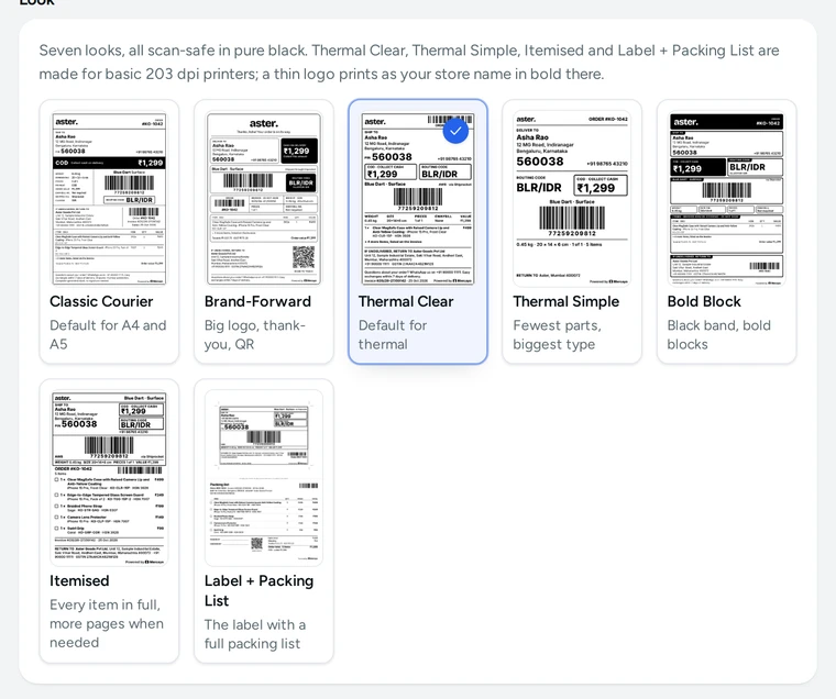 The seven label looks in the Shipping Label settings, on Kosha, a demo store on Mercayo.