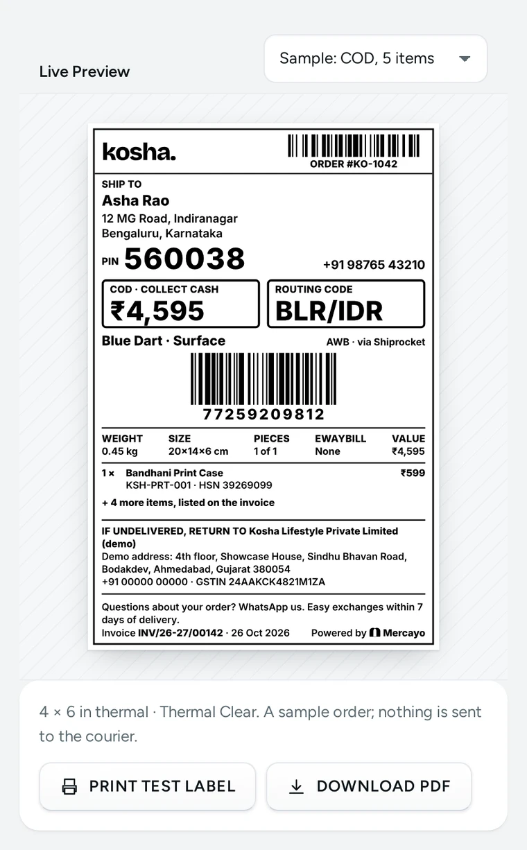 The live preview of a Thermal Clear label at 4 × 6 in, with a sample COD order, on Kosha, a demo store on Mercayo.