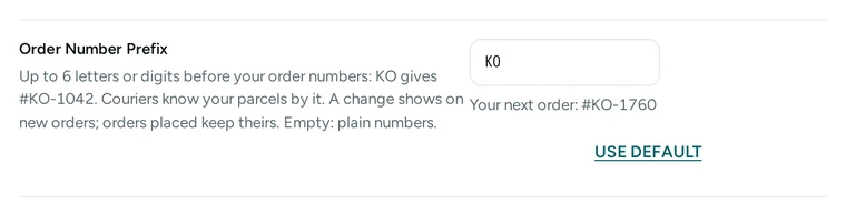 The Order Number Prefix in Settings → Checkout and COD, with the next order's number, on Kosha, a demo store on Mercayo.