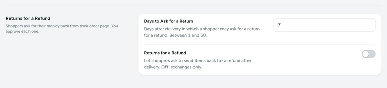 The Returns for a Refund card in Settings → Returns and Exchanges, on Kosha, a demo store on Mercayo.