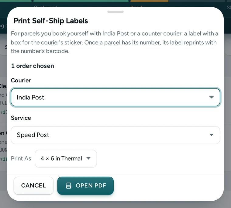 Print Self-Ship Labels with India Post and Speed Post chosen, on Kosha, a demo store on Mercayo.