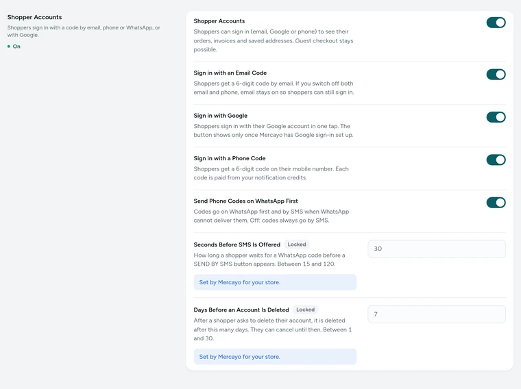 The Shopper Accounts card in Settings → Shopper Accounts, on Kosha, a demo store on Mercayo.